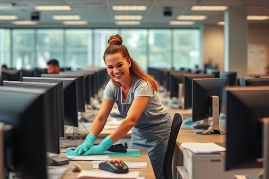 focused cleaning staff, cheerful, meticulously cleaning office desks, photorealistic, bustling office environment with computers and papers, highly detailed, gentle yet effective cleaning techniques, crisply captured, earth tones, diffuse lighting, shot with a 50mm lens.