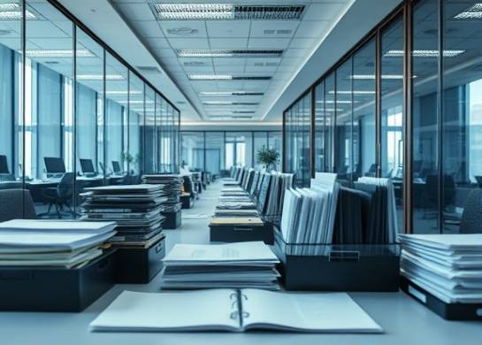 efficient office tidy, content, organizing stationery and papers, photorealistic, spacious corporate office with glass partitions, highly detailed, subtle reflections in surfaces, tightly framed, cool grays and blues, directional lighting, shot with a wide-angle lens.