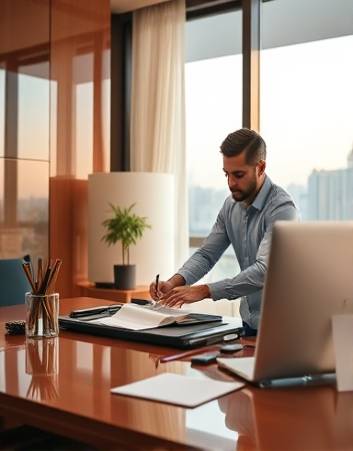 systematic desk cleaning, satisfied, arranging desktop items neatly, photorealistic, elegant office setting with a view outside, highly detailed, reflections on polished wood surfaces, precisely composed, warm neutrals, soft evening light, shot with an 85mm lens.