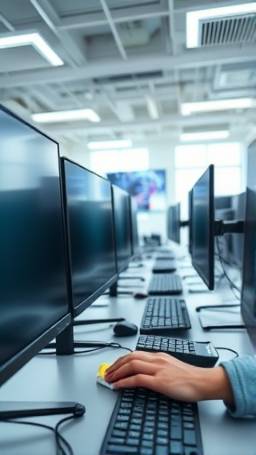 dedicated workspace cleanup, attentive, wiping down monitors and keyboards, photorealistic, tech startup open-plan office with gadgets, highly detailed, smudges being erased smoothly, meticulously detailed, bright whites and vibrant colors, overhead LED lighting, shot with a macro lens.