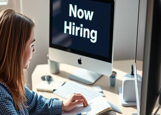 Photorealistic image of a job seeking a cleaning position on a tidy desk, displaying 'Now Hiring'.