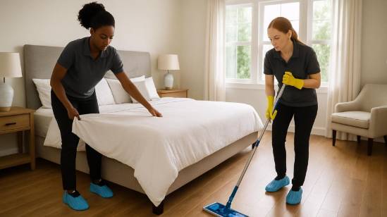 Black female changing bed linens; white woman mopping floor in master bedroom.