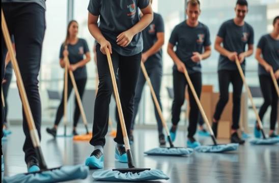 Energetic cleaning workers in blue shoe covers sweeping a spacious office.