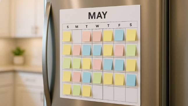 May calendar on stainless steel fridge with colorful sticky notes, bright kitchen