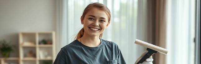 Happy female worker cleaning in modern living room, photorealistic, bright lighting.