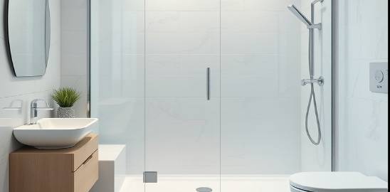 Photorealistic shiny clean glass shower enclosure in a modern bathroom, ultra-high definition.