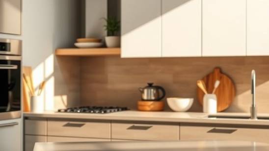 Photorealistic minimalist kitchen counter with sunlight reflections and earthy hues.