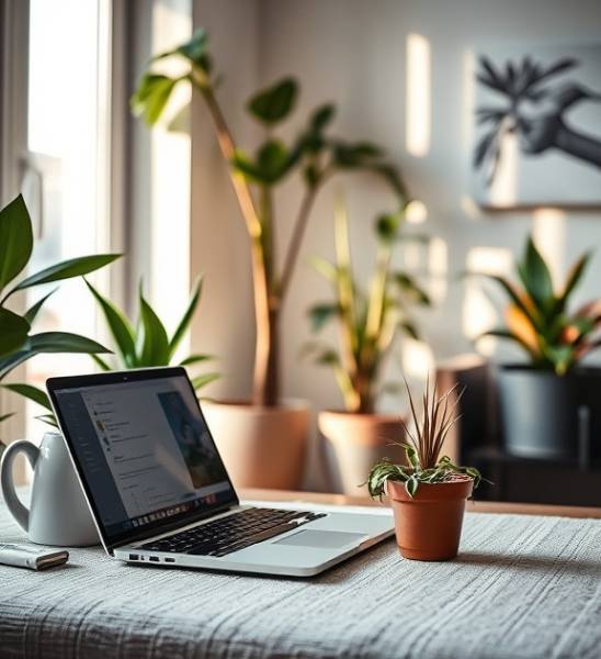 unique cleaning tips, creativity, sharing via blog post, photorealistic, modern studio apartment with plants, highly detailed, laptop screen focus, exceptional sharp quality, warm tones, afternoon light, shot with a digital SLR lens.