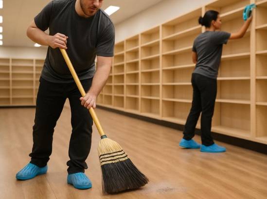 Two workers cleaning a retail space, one sweeping, the other dusting shelves.