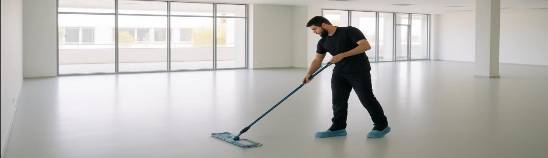 Worker in dark tee shirt mops a bright, empty office space wearing blue shoe covers.