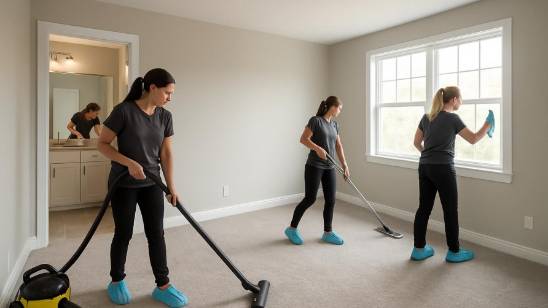 Female workers in grey tees and shoe covers cleaning a new home bedroom.