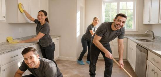 Efficient staff in dark grey tees cleaning drywall dust in a bright renovated kitchen