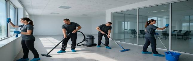 Team members in dark grey shirts and blue shoe covers cleaning windows in a bright office.