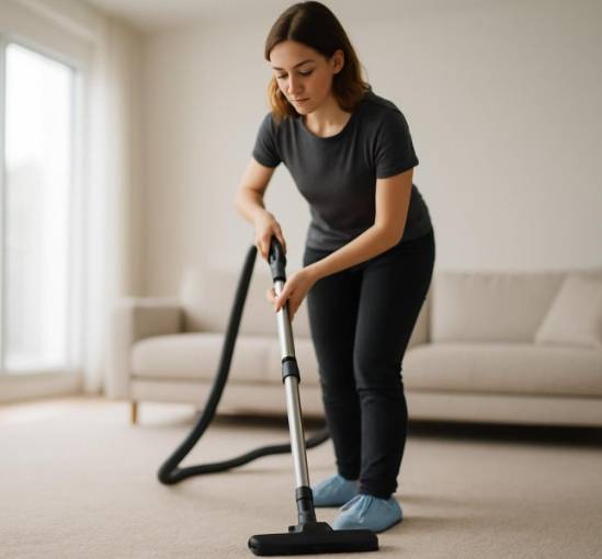 Woman vacuuming in a minimalist living room with bright lighting and soft fabrics.