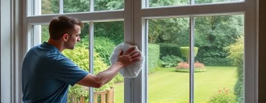 attentive window cleaning, concentration, polishing, photorealistic, large bay windows overlooking a lush garden, highly detailed, clear reflections, high dynamic range, transparent tones, diffused natural shadows, shot with a zoom lens