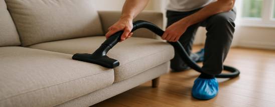 Thorough couch cleaning with vacuuming in a minimalist living room, soft lighting.