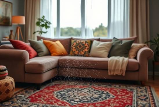 focused couch cleaning, attention, dusting, photorealistic, vibrant living room with colorful cushions and a Persian rug, highly detailed, displaced dust motes, crisp focus, muted earthy colors, diffused evening light, shot with an 85mm lens