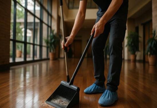 Efficient moveout sweep; focused on debris collection with light blue shoe covers.