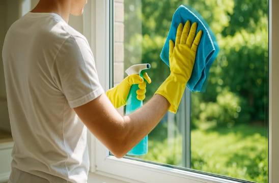 Spotless move-out sanitize: wiping windows for a crystal-clear garden view.