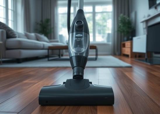 sleek deepcleaning vacuum, focused, whirring, photorealistic, in a modern living room with hardwood floors, highly detailed, subtle shadows cast, ISO 200, cool colors, soft ambient lighting, shot with a 35mm lens.
