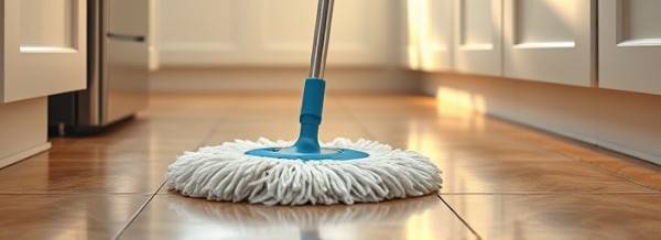 efficient deepcleaning mop, determined, gliding smoothly, photorealistic, on a kitchen floor with cool tile patterns, highly detailed, a few water droplets splashing, f/2.2 aperture, warm colors, late afternoon lighting, shot with a 24mm lens.
