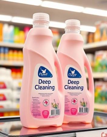 bottles of deepcleaning detergent, pristine, standing erect, photorealistic, on a supermarket shelf with assorted products, highly detailed, slight condensation visible, ISO 400, pastel colors, overhead fluorescent lighting, shot with a 70mm lens.