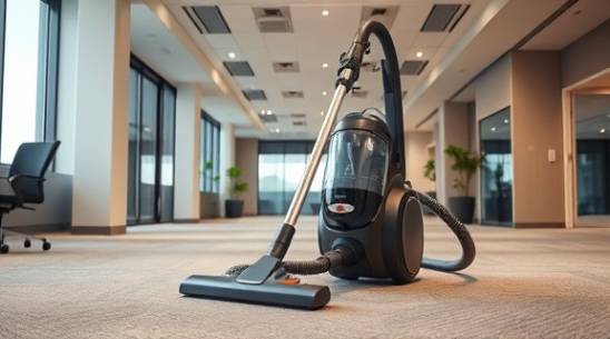 powerful deepcleaning vacuum, energetic, maneuvering smoothly, photorealistic, in a spacious office with plush carpets, highly detailed, gentle dust uplift, ISO 640, contrasting colors, ceiling spotlights, shot with a 28mm lens.